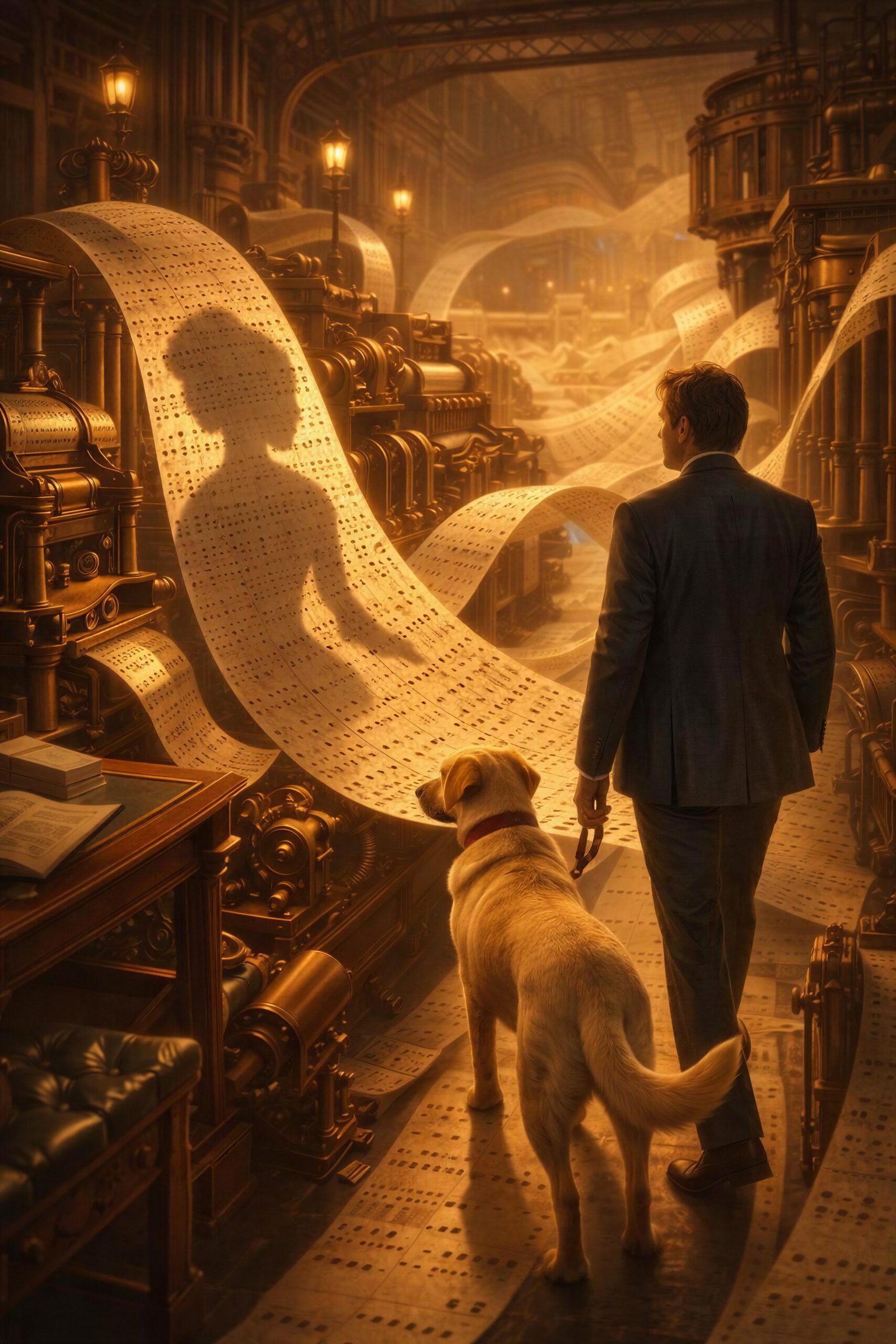 The author and a Labrador beside an elaborate brass calculating engine feeding out a long ribbon of instructions.