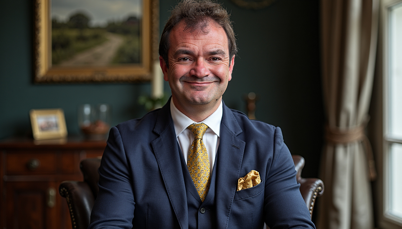 Portrait of Andrew Hogan seated indoors in a navy suit and gold tie.