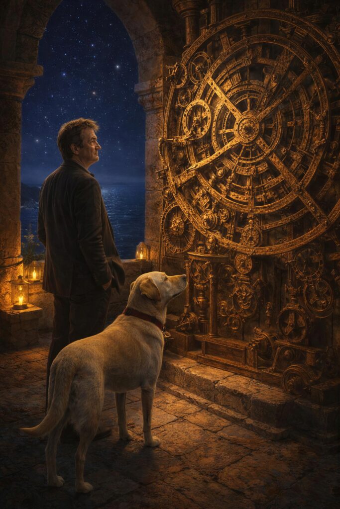 The author and a Labrador beside an ancient geared mechanism, evoking the Antikythera mechanism and the long history of calculating machines.