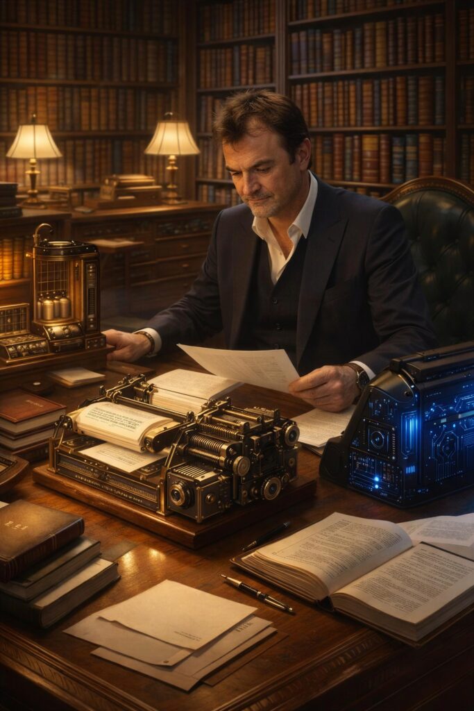 A barrister and a Labrador in a workshop of books, papers and analytical machinery, representing practical AI tools for lawyers.