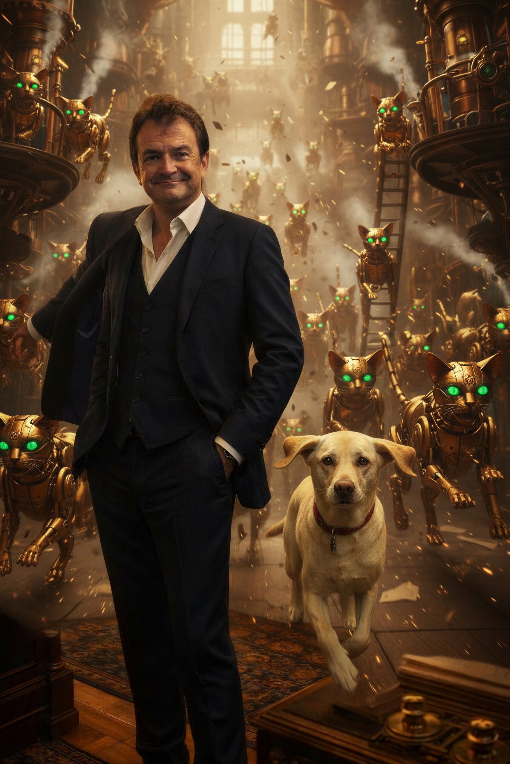 The author and a Labrador standing amid intricate clockwork and glowing machinery.