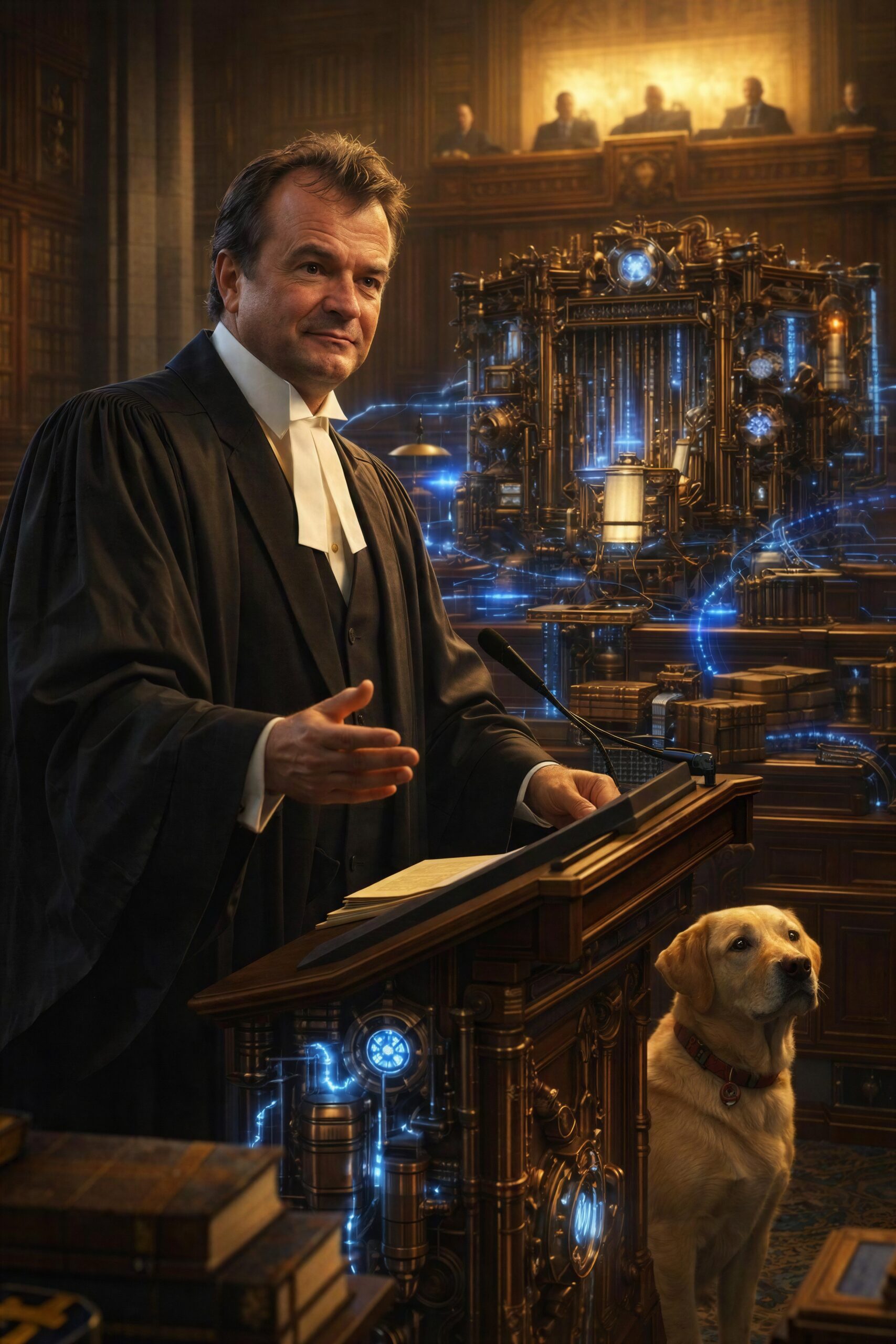 A barrister addressing a courtroom in which traditional legal surroundings merge with glowing analytical machinery.