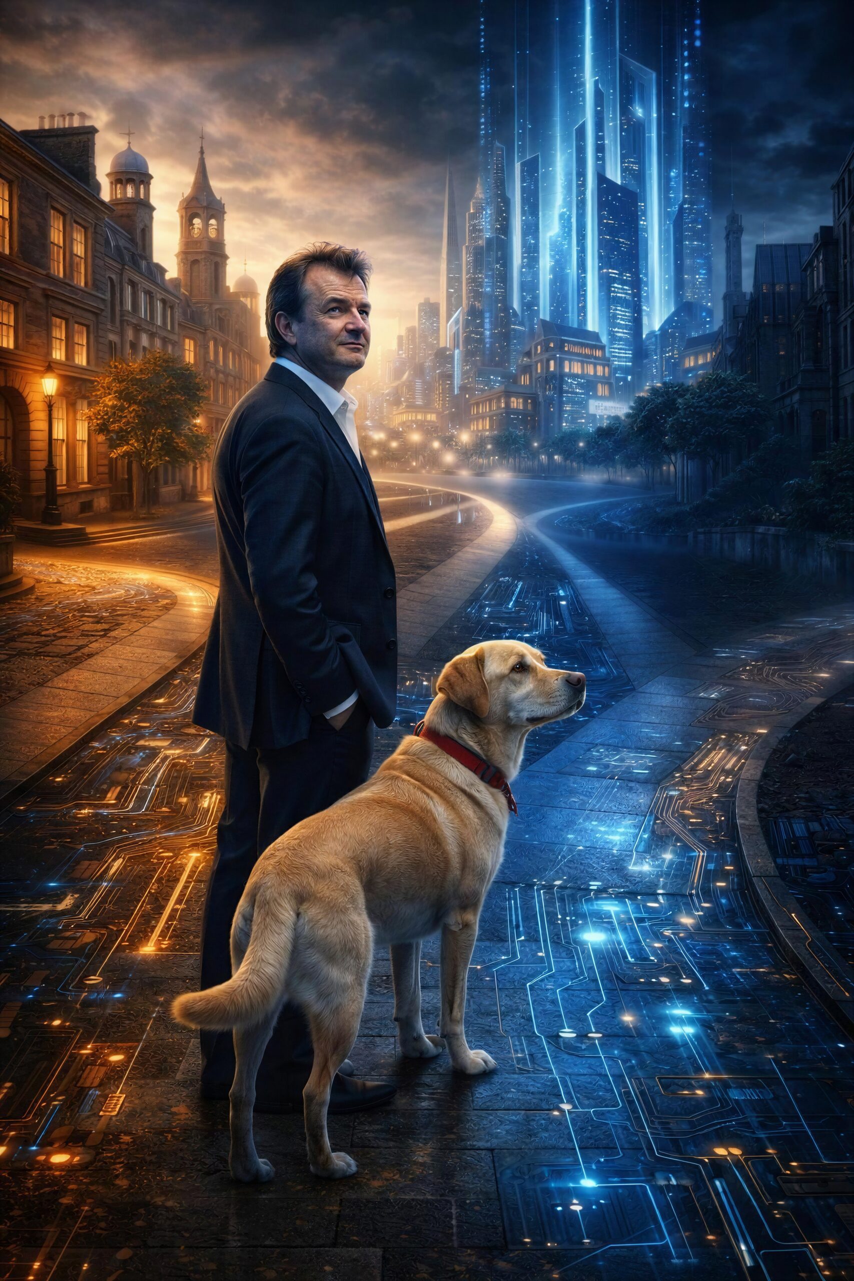 The author and a Labrador standing where a warm traditional city meets a luminous blue technological city.
