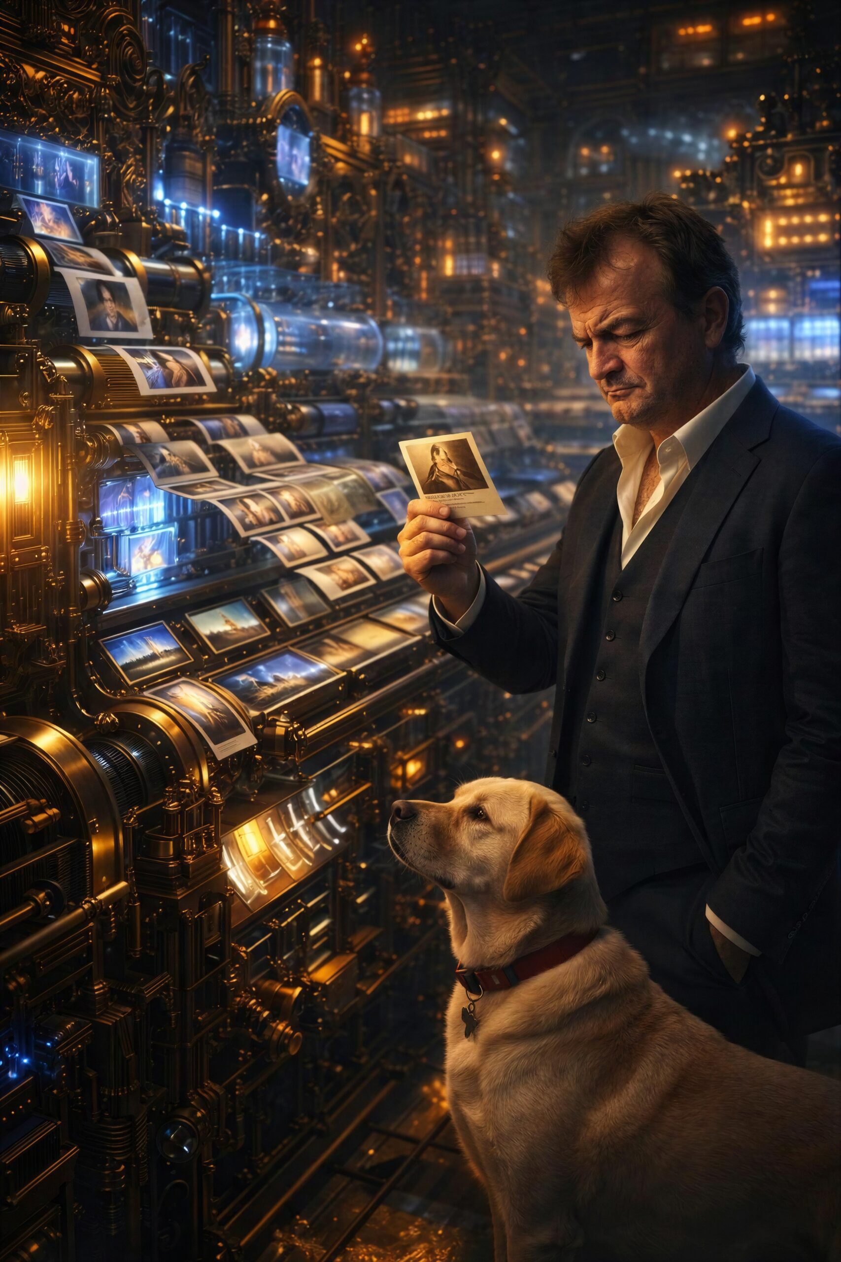 The author and a Labrador surrounded by screens, images and machinery suggesting the industrial production of synthetic information.