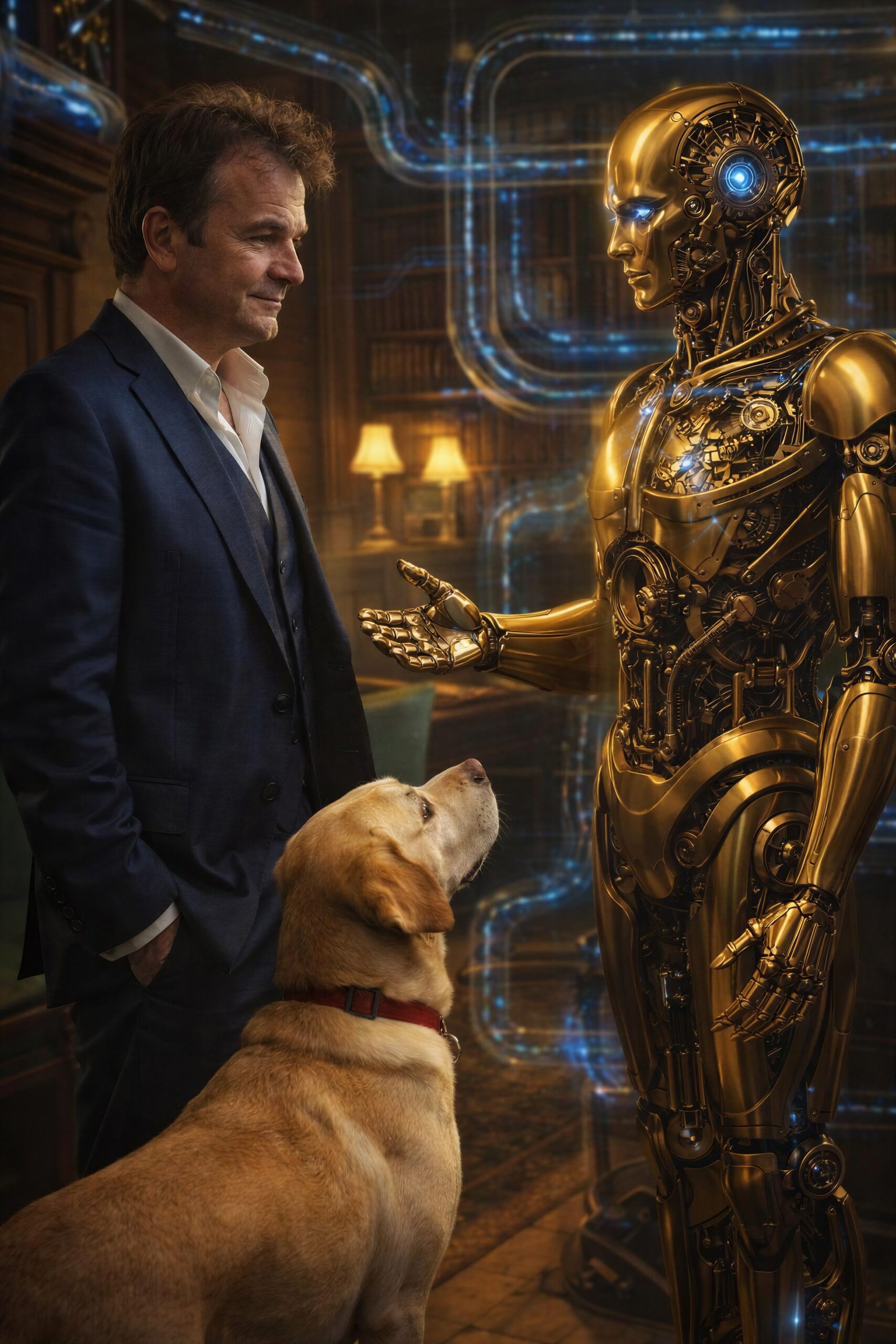 The author and a Labrador meeting a polished golden humanoid machine in a book-lined room.