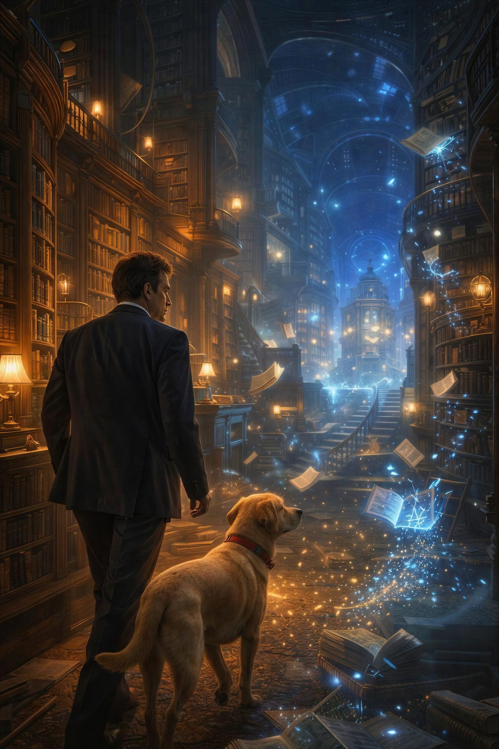 The author and a Labrador in a fantastical library animated by luminous machinery, representing large language models and generated knowledge.