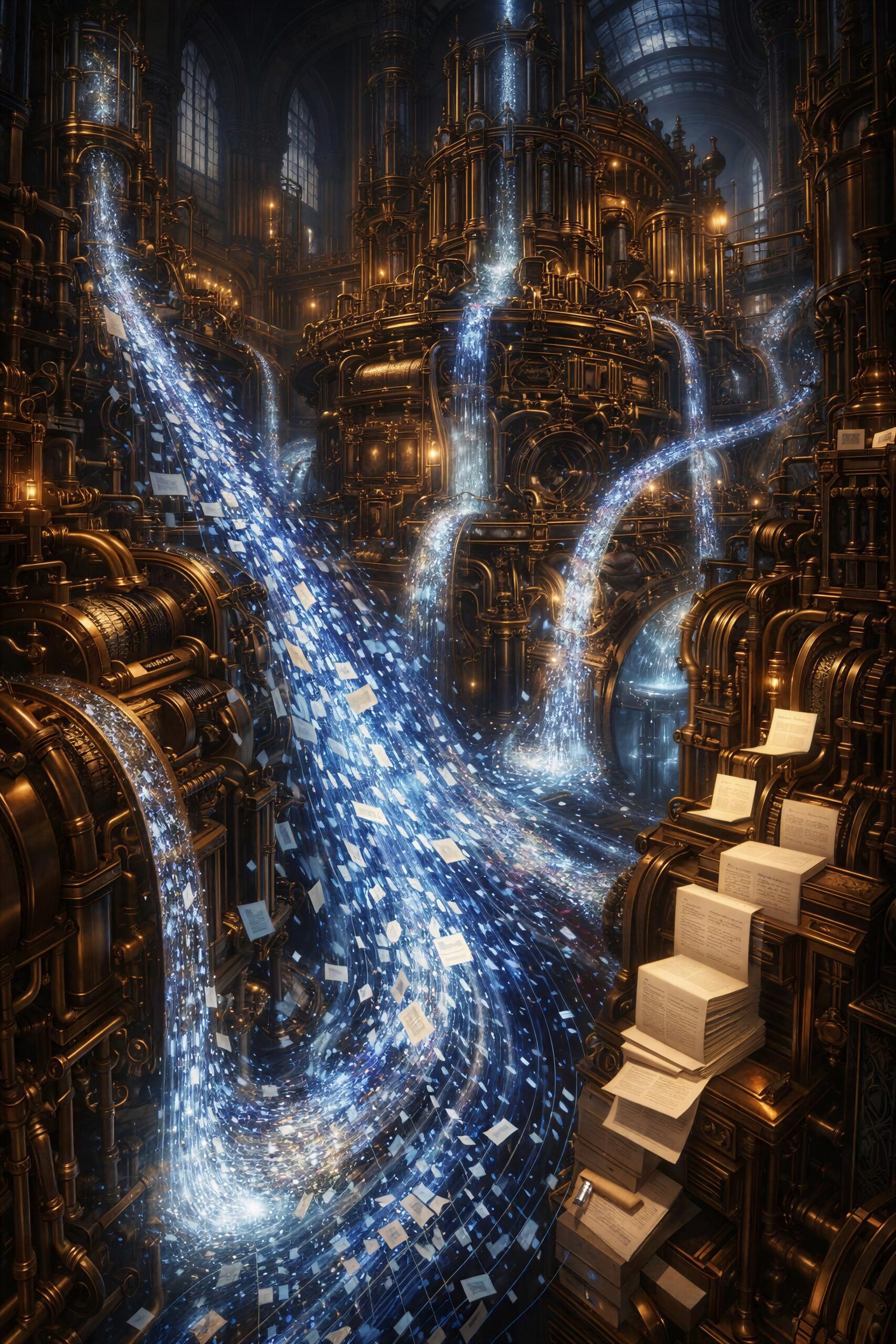 A vast legal production machine carrying streams of documents through branching illuminated workflows.