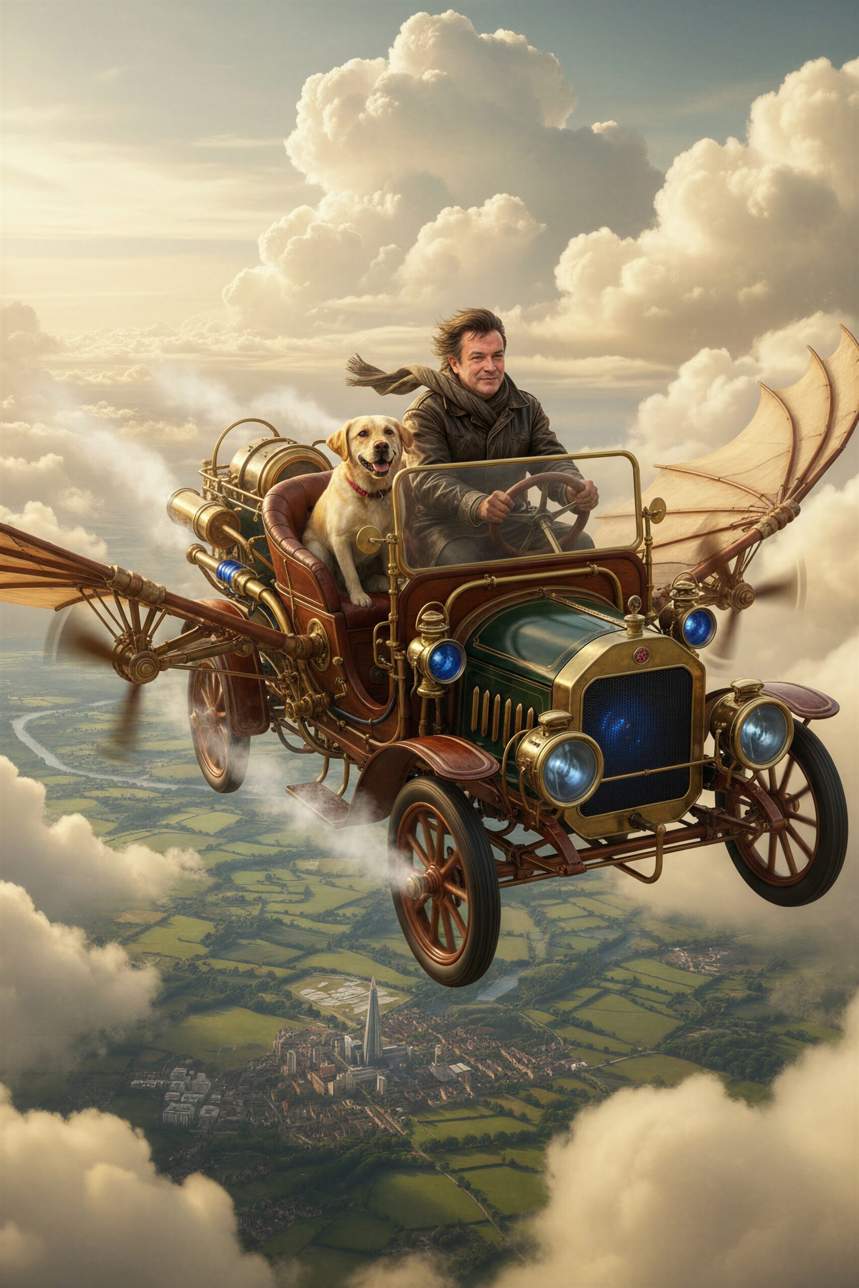 The author and a Labrador travelling above the clouds in a fantastical brass flying machine.