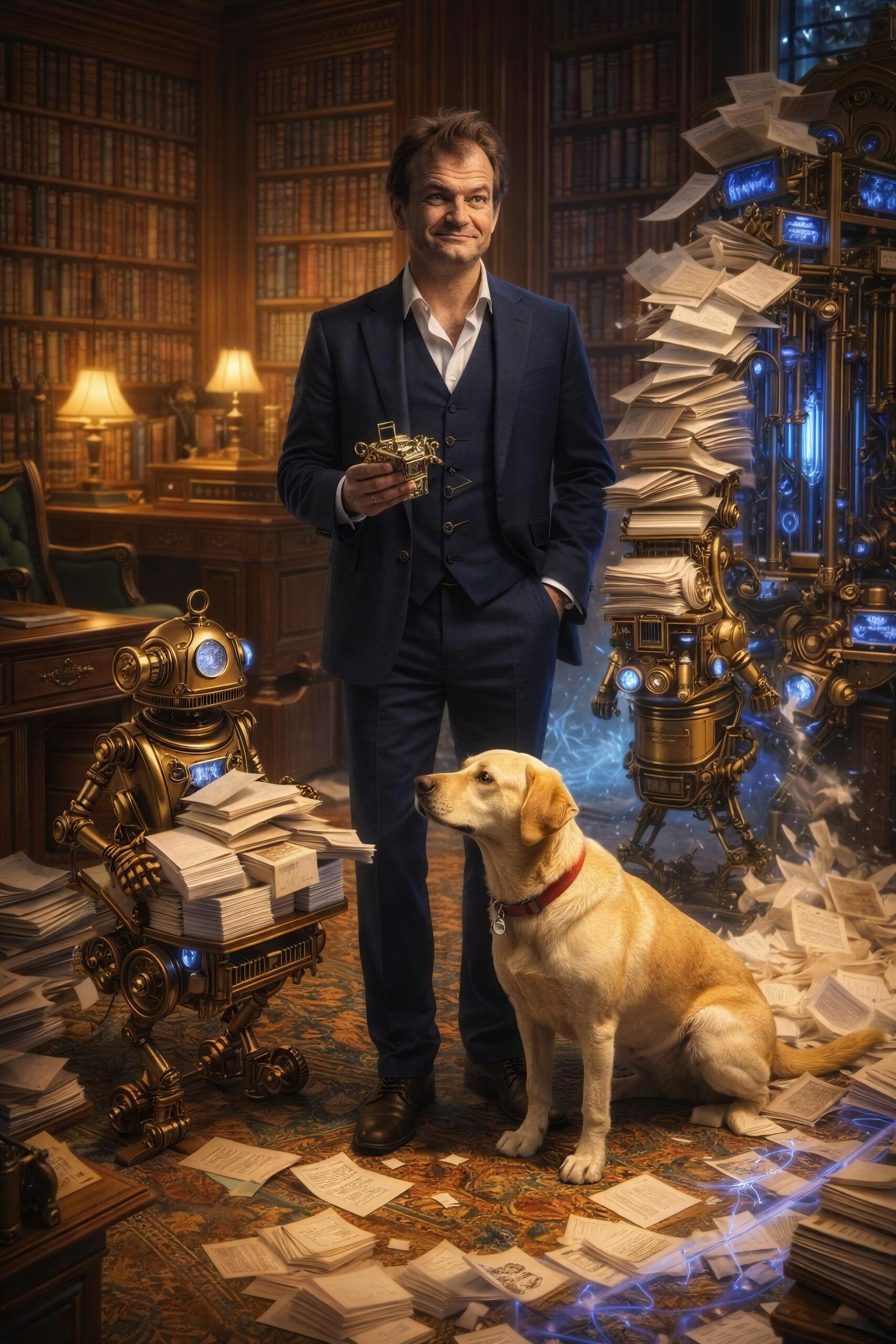 The author and a Labrador surrounded by autonomous mechanical assistants, representing agentic AI workflows.