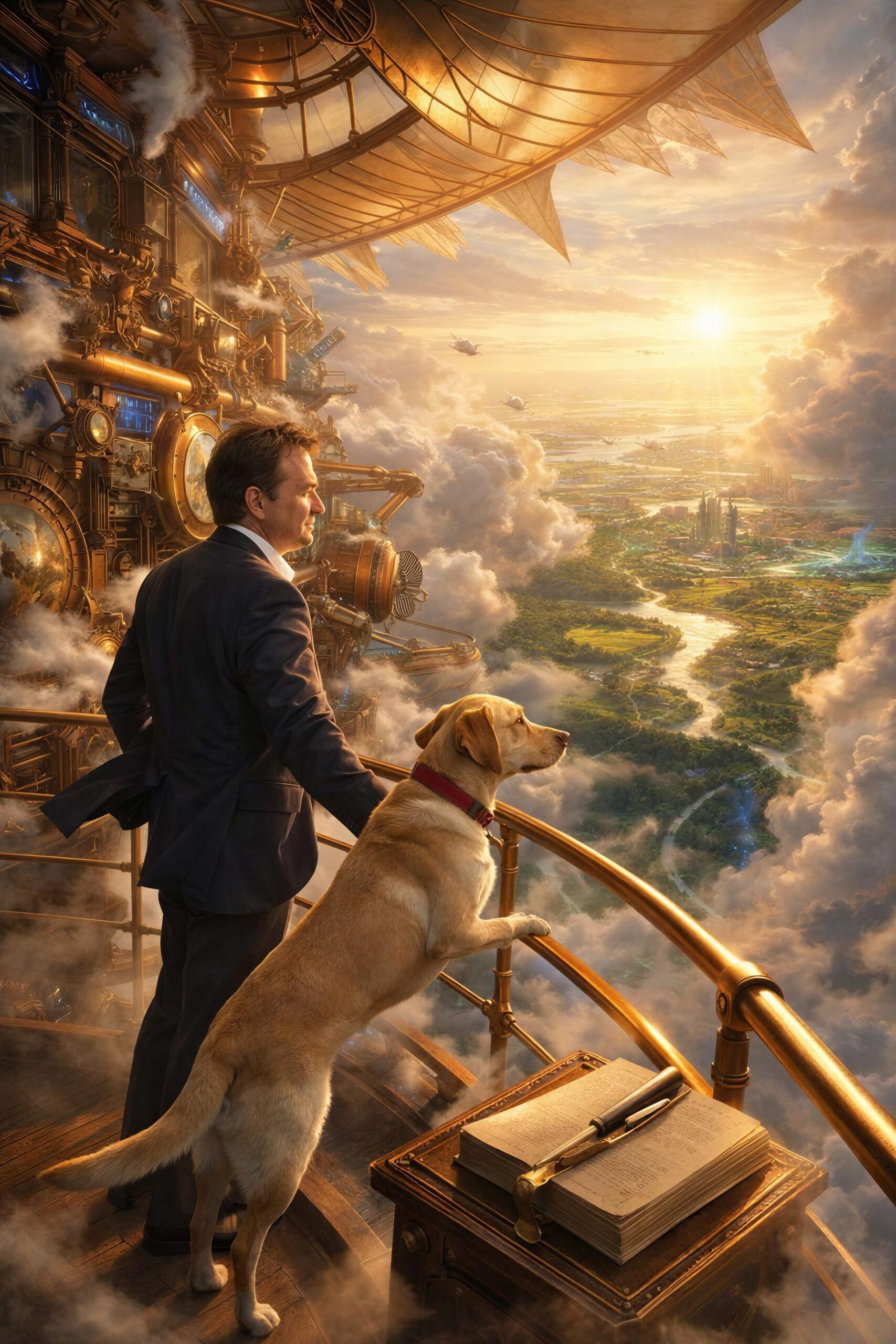 The author and a Labrador looking from a fantastical airship across a bright landscape beyond the machinery.